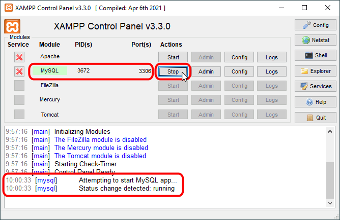 XAMPP - MariaDB/MySQL arrancado