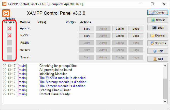 Panel de control de XAMPP