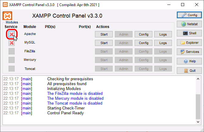 Panel de control de XAMPP