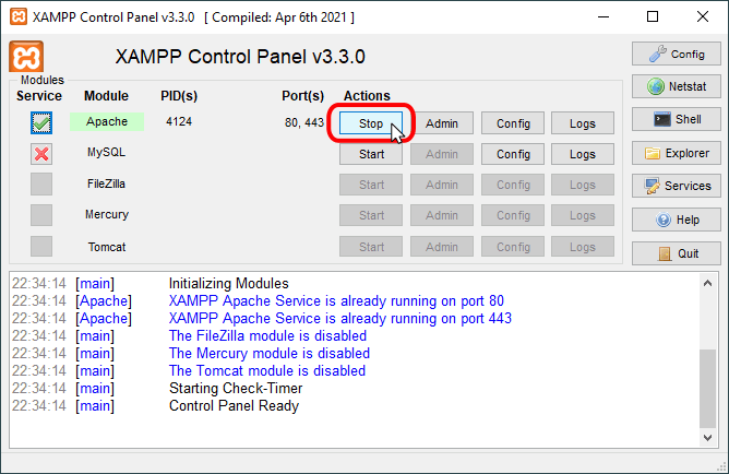 Panel de control de XAMPP