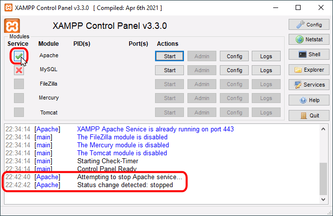 Panel de control de XAMPP