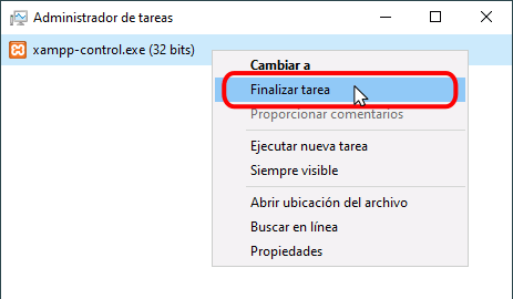 Error de XAMPP - Finalizar tarea