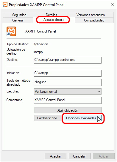 Error de XAMPP - Ejecutar siempre como administrador