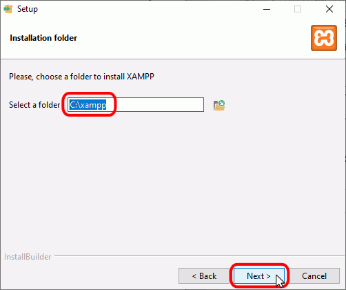 Instalación de XAMPP - Carpeta de instalación