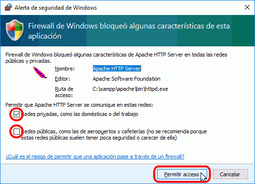 Instalación de XAMPP - Cortafuegos de Windows