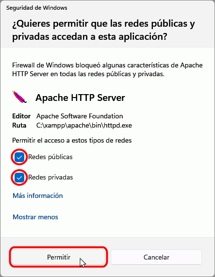 Instalación de XAMPP - Cortafuegos de Windows