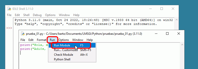 IDLE. Menú Run > Run Module