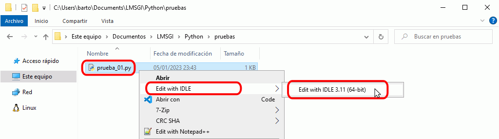 IDLE. Abrir con IDLE desde Explorador de Windows