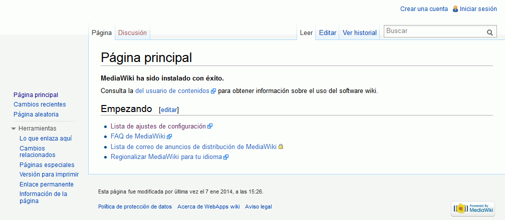 MediaWiki. Pantalla inicial