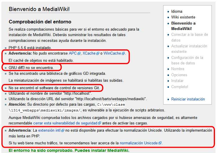 MediaWiki. Avisos de instalación