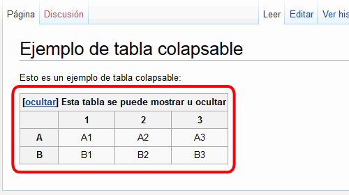 Mediawiki. Tabla colapsada visible