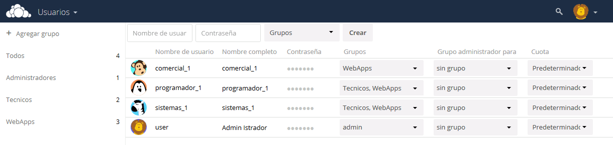 ownCloud. Crear usuarios y grupos