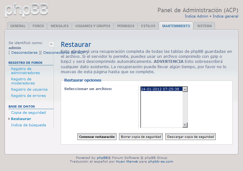 phpBB. Restaurar copia de seguridad