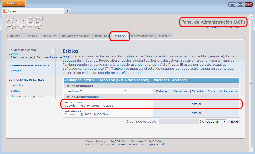 phpBB. Estilos. Instalación