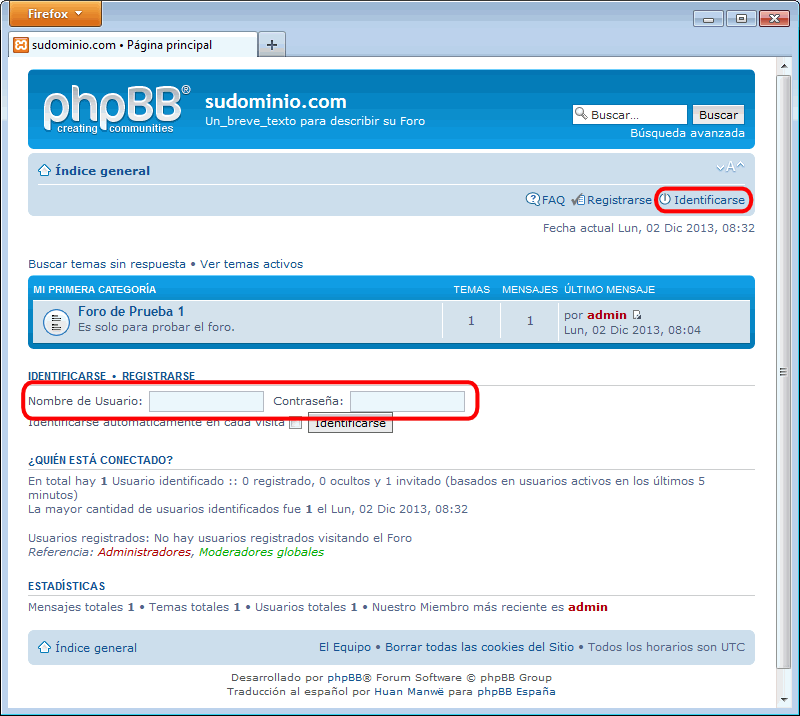 phpBB. Página inicial. Usuario no registrado