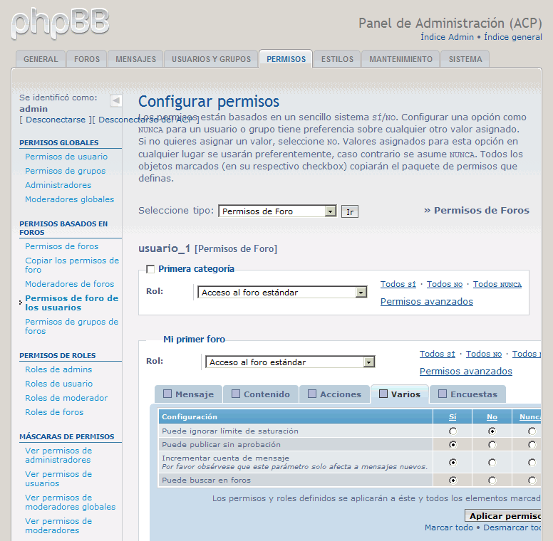 phpBB. Permisos de foro de los usuarios