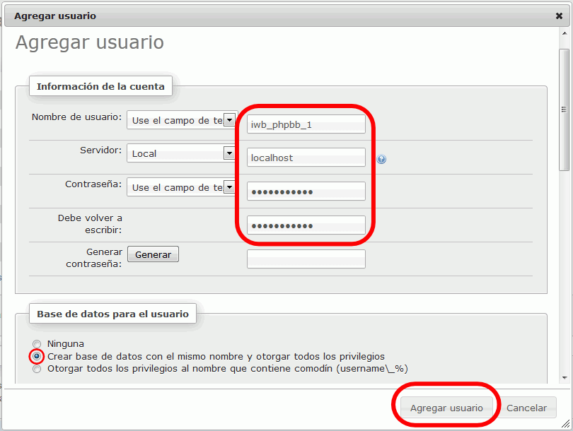 phpBB. Creación de usuario en phpMyAdmin