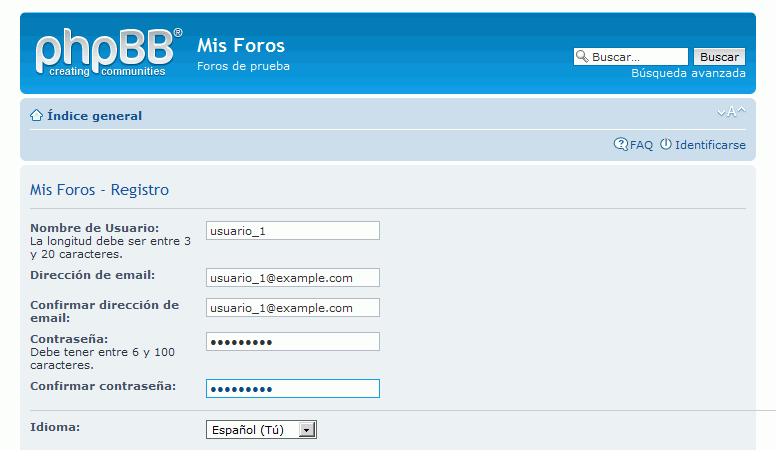 phpBB. Nuevo usuario. Registro de usuario