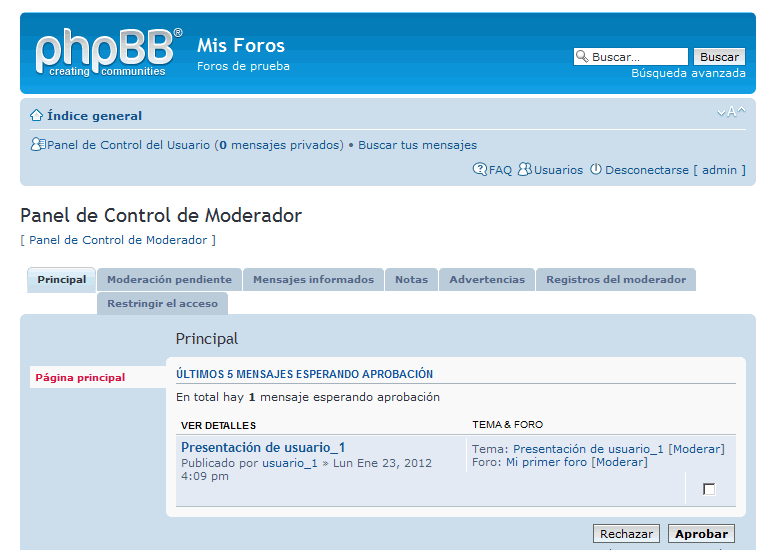 phpBB. Nuevo usuario. Aprobación de tema