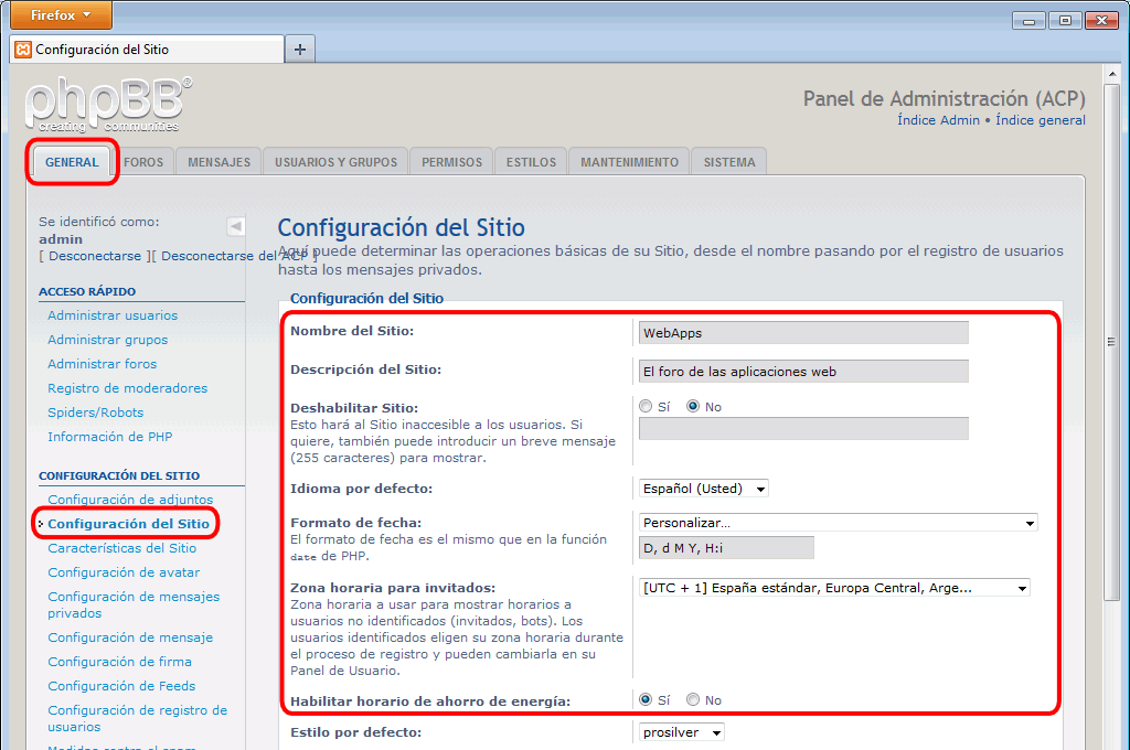 phpBB. Configuración del sitio 1