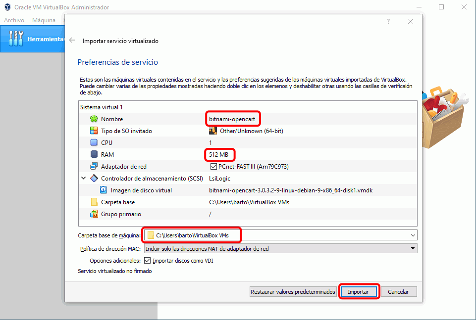 Importar máquina virtual en VirtualBox