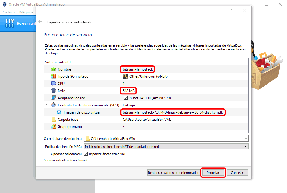 Importar máquina virtual en VirtualBox