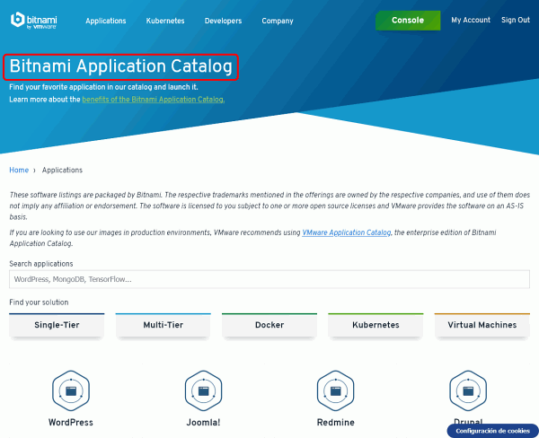Bitnami. Catálogo de aplicaciones