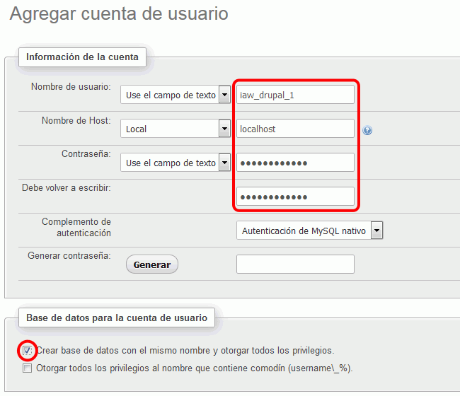 phpMyAdmin. Creación de usuario para Drupal