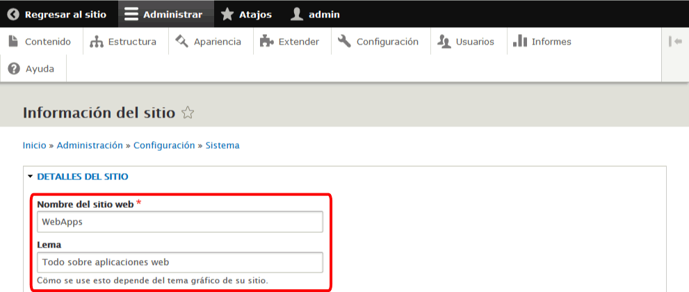 Drupal. Información del sitio