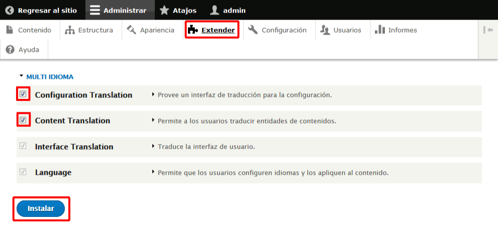 Drupal. Activar módulos Multi idioma