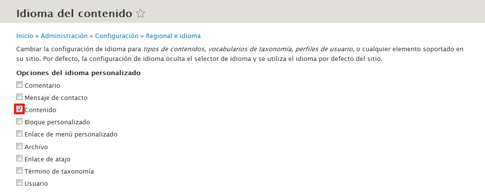 Drupal. Activar traducción del contenido