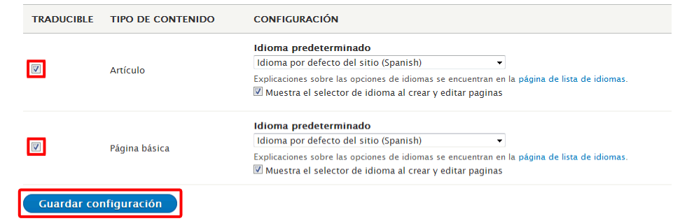 Drupal. Activar traducción del contenido