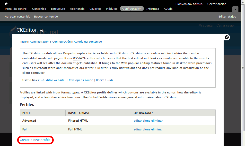 Drupal. Nuevo perfil de CKEditor