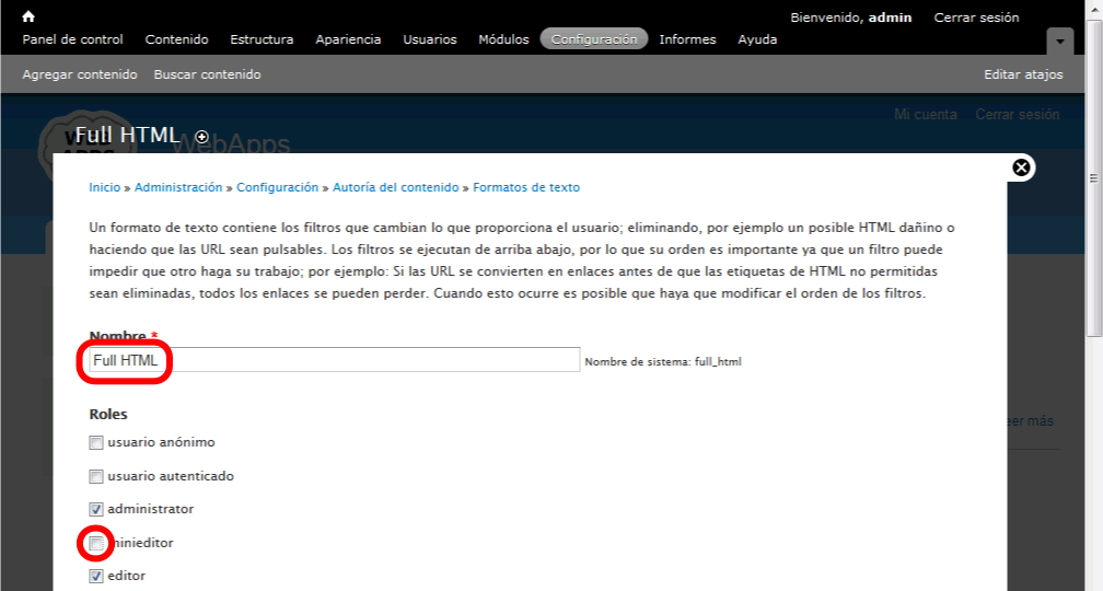 Drupal. Desactivar Formatos de texto