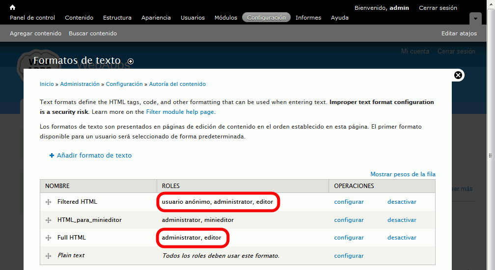 Drupal. Desactivar Formatos de texto