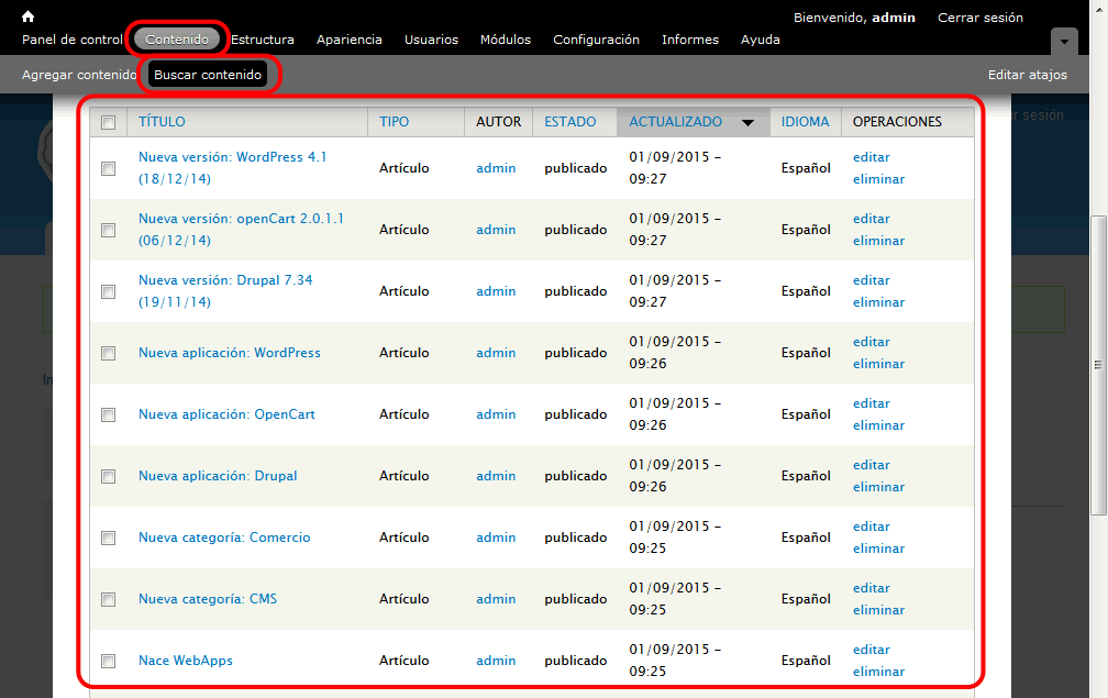 Drupal. Añadir contenido