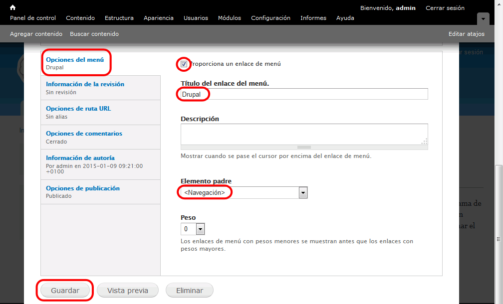 Drupal. Menú Navegación