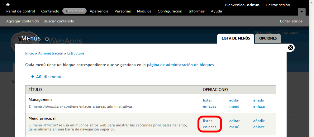 Drupal. Menú principal