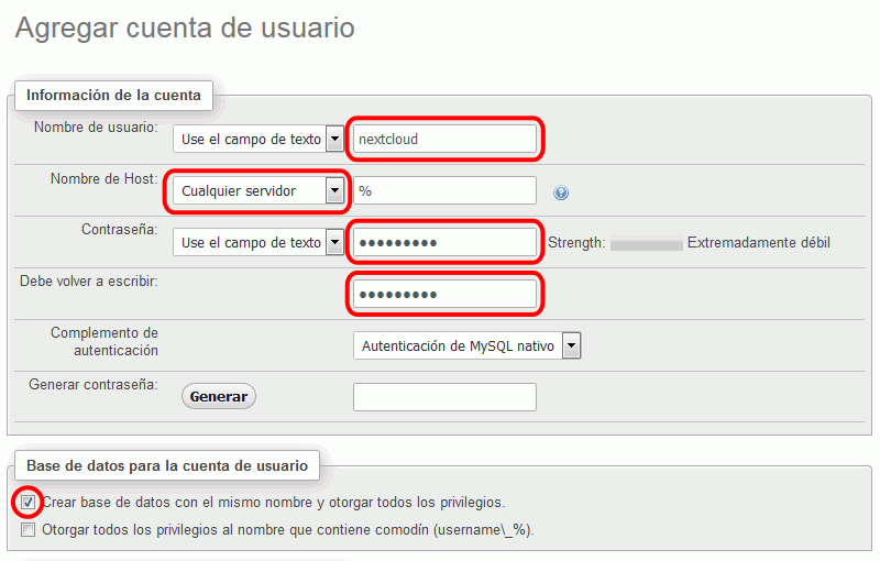 phpMyAdmin. Creación de usuario nextcloud