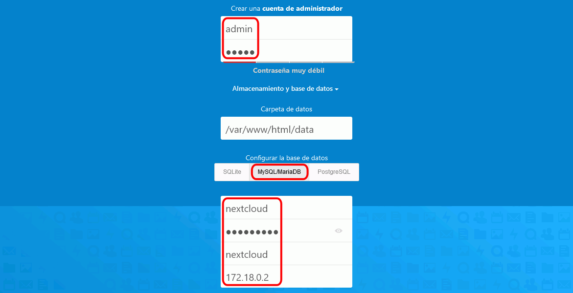 Nextcloud. Conexión con MariaDB