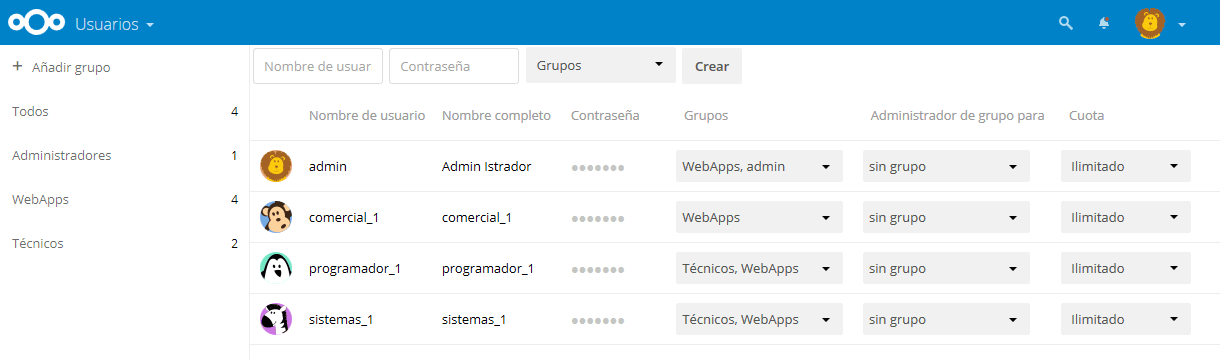 Nextcloud. Crear usuarios y grupos