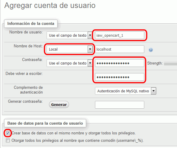 OpenCart. Creación de usuario en phpMyAdmin