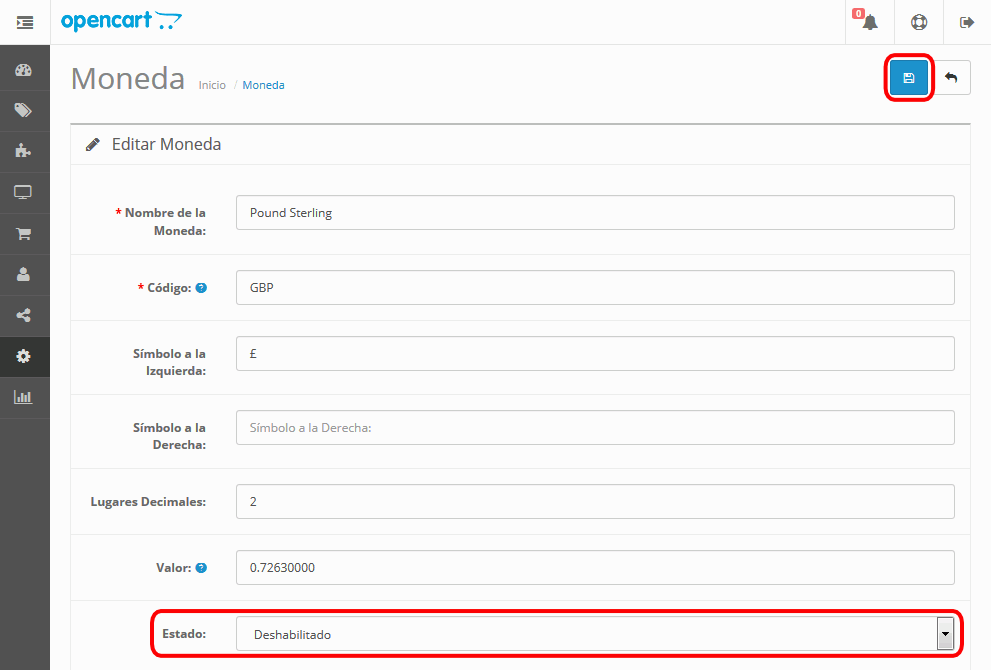 OpenCart. Monedas