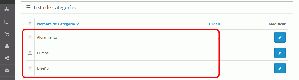 OpenCart. Categorías