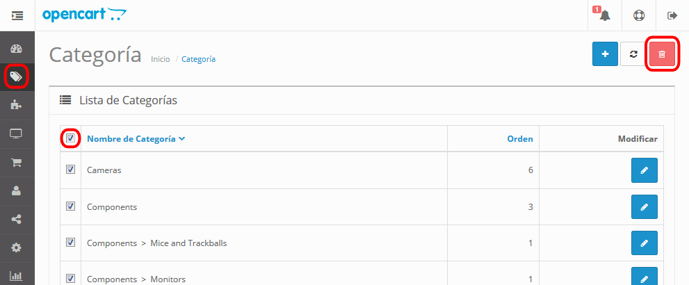 OpenCart. Categorías