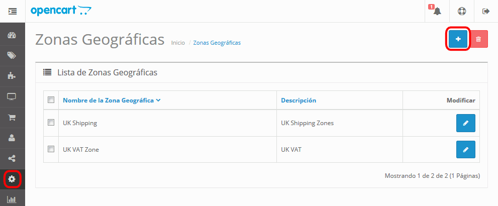 OpenCart. Zonas geográficas