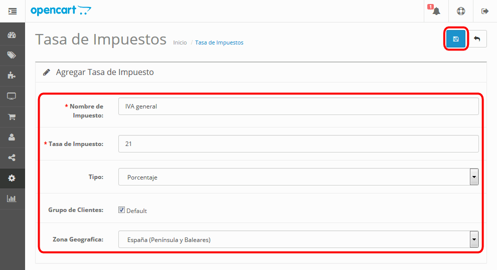 OpenCart. Tasa de Impuestos