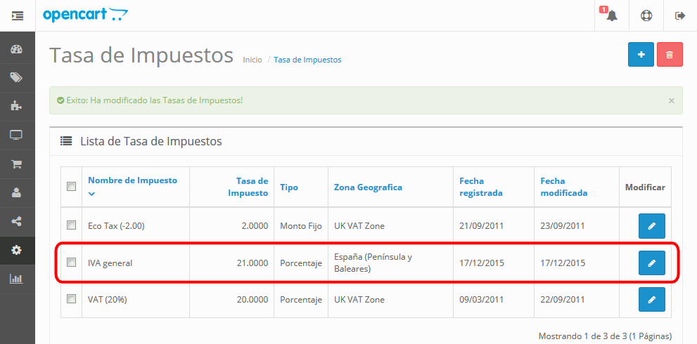 OpenCart. Tasa de Impuestos