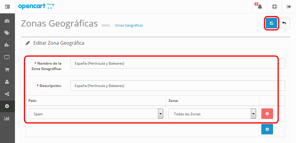 OpenCart. Zonas geográficas