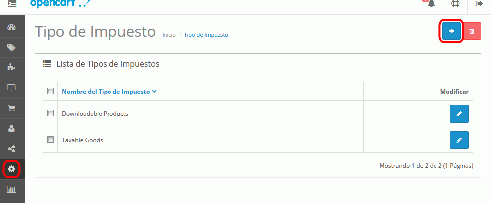 OpenCart. Tipo de Impuesto